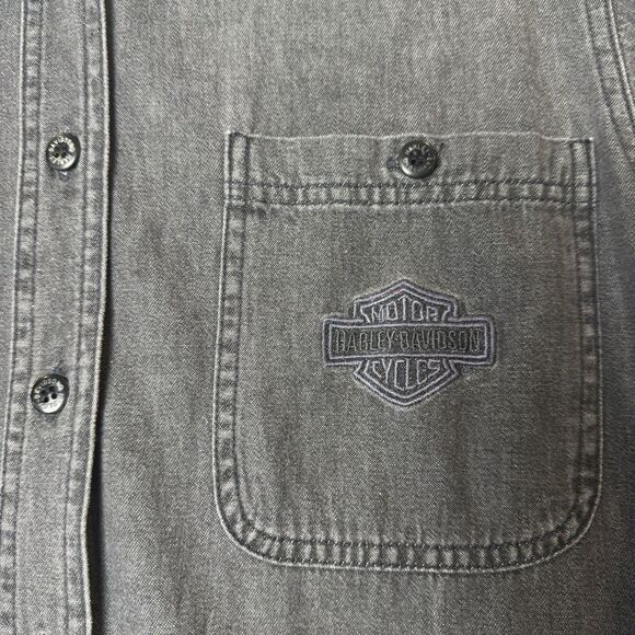 Harley Davidson Shirt Womens M Gray Denim Embroidered Button Up Motorcycle Biker - Picture 4 of 9
